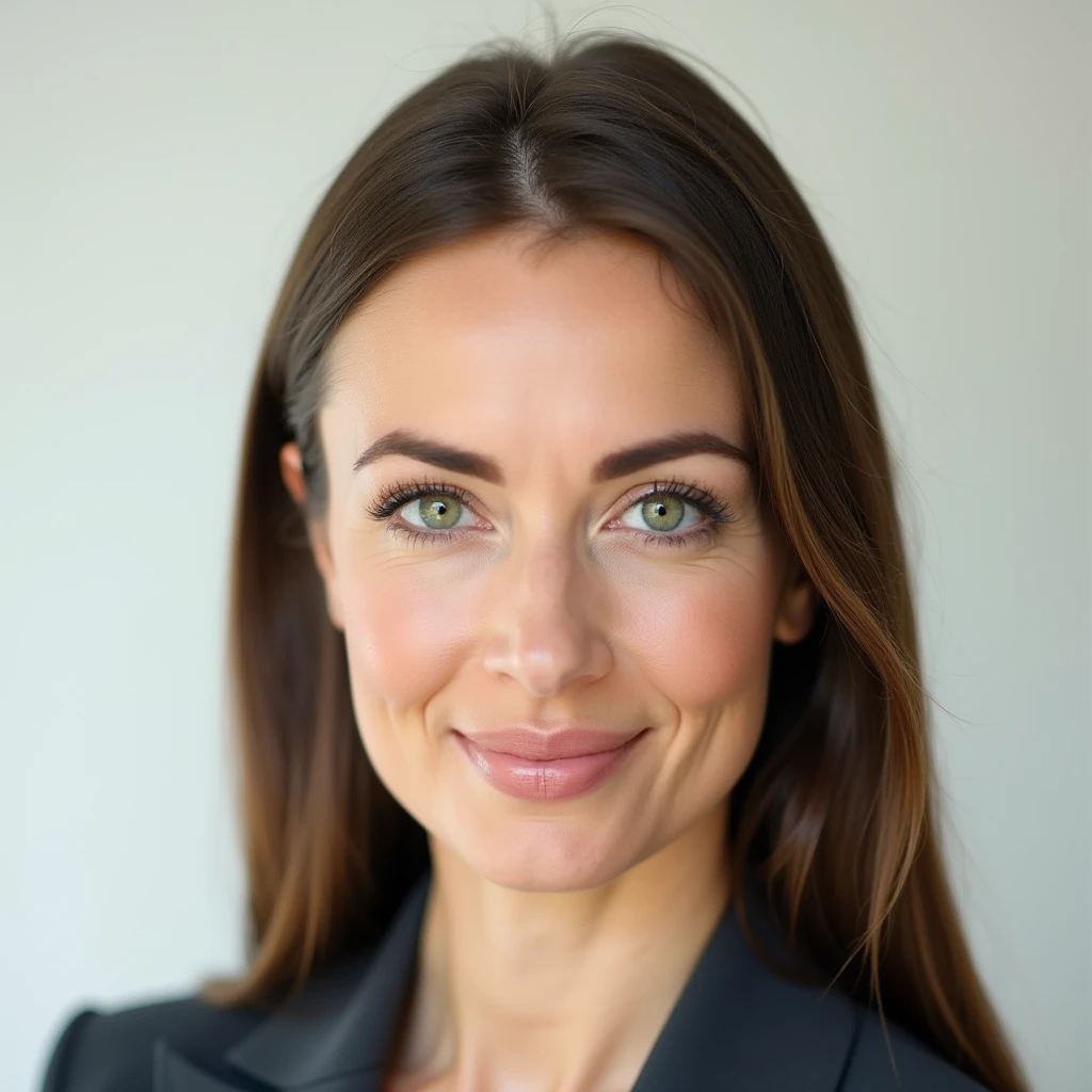 A woman with green eyes brown hair and a smooth complexion facing forward with a neutral expression her shoulders squared and background a plain light color her hair neatly styled and her attire simple and formal a clean and professional appearance with no accessories or visible distractions