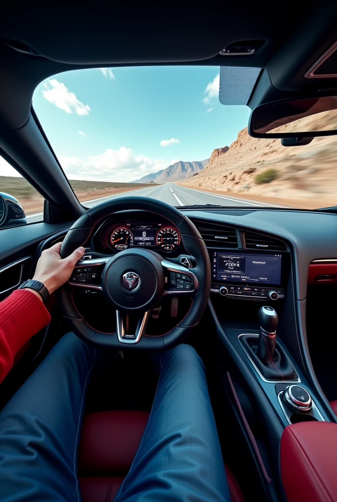 a high speed sports car driving at high speed, view from steering wheel, speedometer showing very high speed, detailed car interior, fast motion blur, dynamic composition, cinematic lighting, vibrant colors, dramatic tension, photorealistic. Zoom photography, 8k, best quality