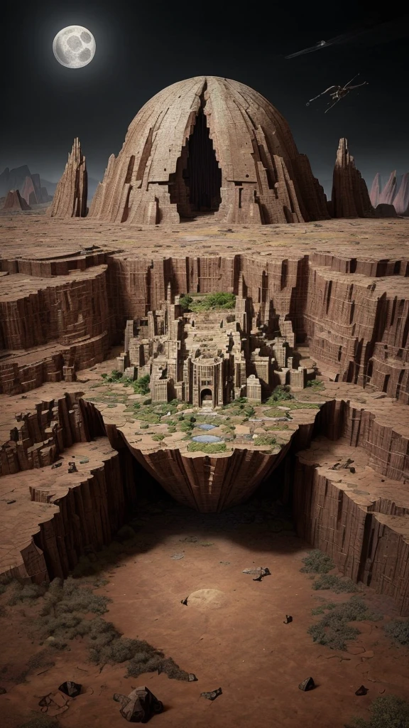 A setting where Earth is seen in a fragmented way, like pieces of a puzzle, with parts revealing hidden caves, lost cities and alien landscapes, all under the light of a great full moon.