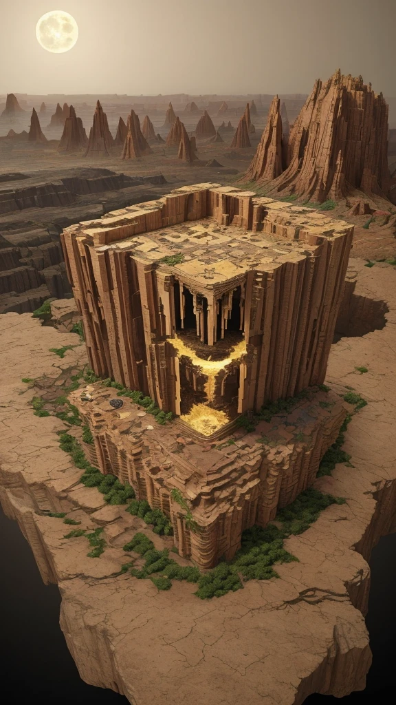 A setting where Earth is seen in a fragmented way, like pieces of a puzzle, with parts revealing hidden caves, lost cities and alien landscapes, all under the light of a great full moon.