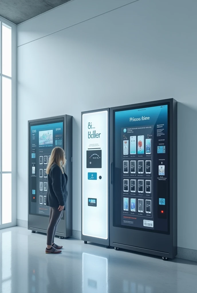 a poster with power bank vending machines, touch and go screen, open door to pick up power bank, no merely hi-tech, the same power bank type