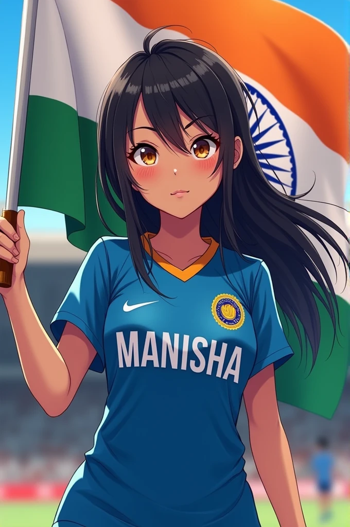 A 18 years old girl named Manisha wearing Blue jursey with her name, and she is holding indian flag (anime type)