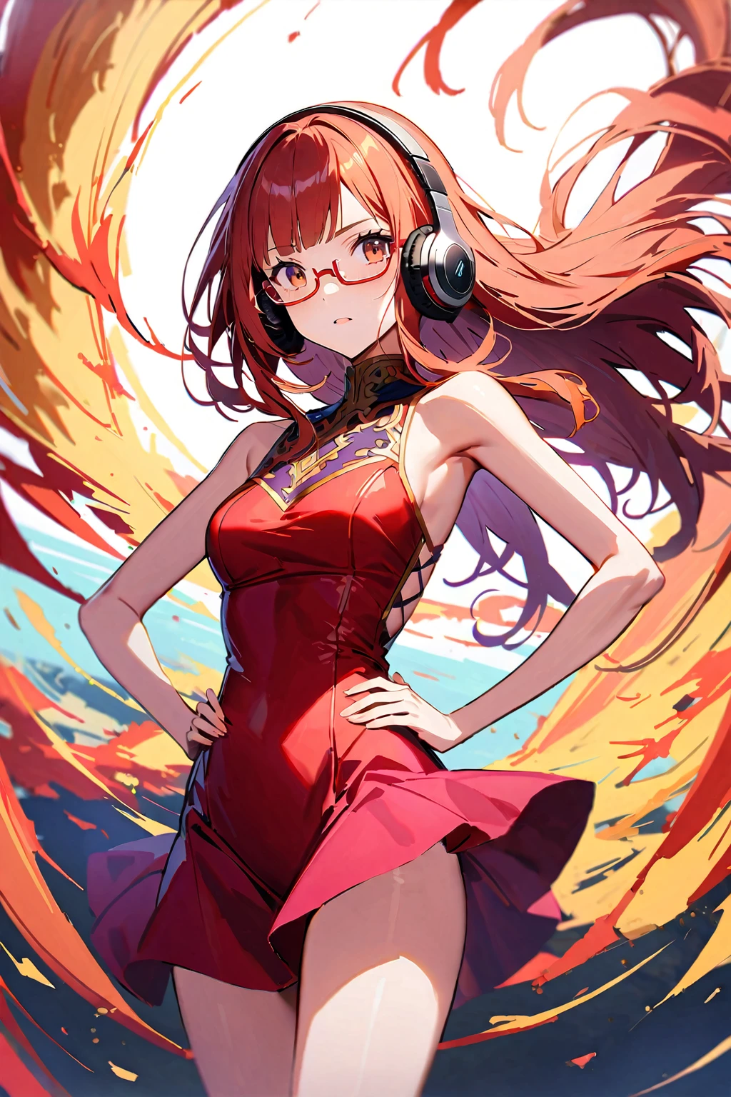 (extremely detailed fine touch:1.3), (((semi-rimless eyewear:1.3))), (wear headphones around), red long hair, blunt bangs, beautiful girl, solo, cowboy shot, hands on hips, (phoenix:1.3), red elegant One-piece dress, Wind, Fire line,