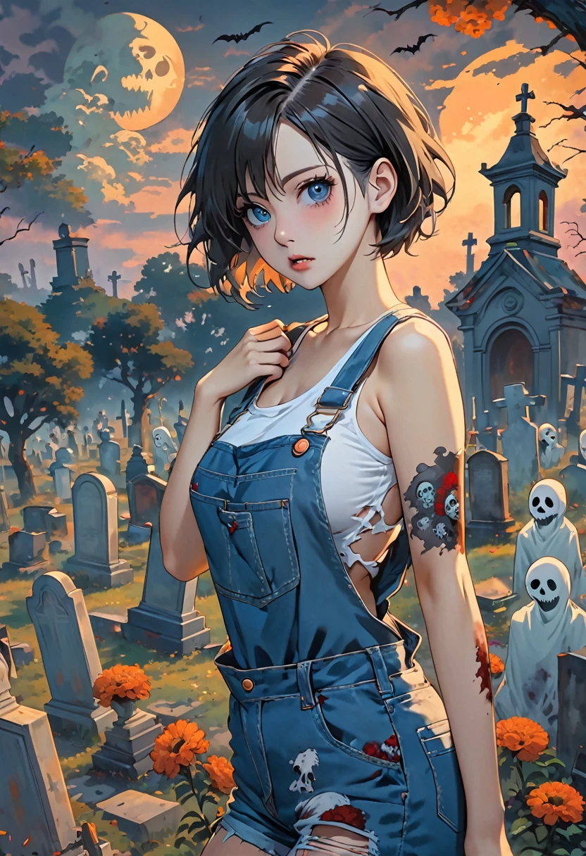 (Masterpiece, Best quality:1.2) 45 degree side view, sideways tilt to the camera "Zombie girl, short hair, torn tank top, overalls, one hand covering her chest, sexy zombie, sexy anime style, charming, charming, big breasts", scary cemetery background with other ghosts around. With the style of a top portrait painter.