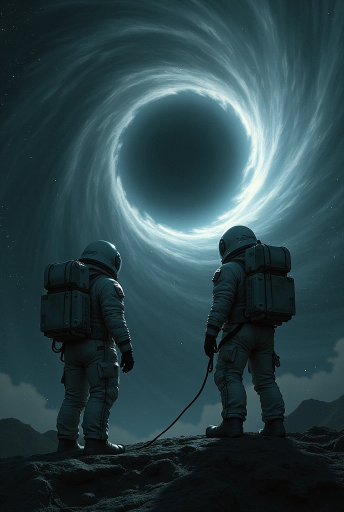 Astronauts has lost their spaceship and they are on the space 
And the only thing they see, is their cables and Starz 
At the background there is a black hole light 
The spaceship is near to the black hole

Like interstellar 