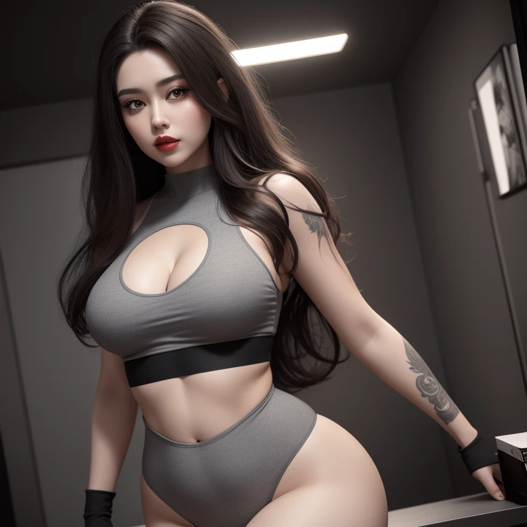High face quality, high red lips quality, high gray eyes quality, woman with very long dark brown hair, wearing gray high waisted crop top with red spots and short t-shirt clothes,full body suit,, curvy body, cinematic lighting , perfect face ,3d , fantasy, artstation, illustration , flowers tattoos