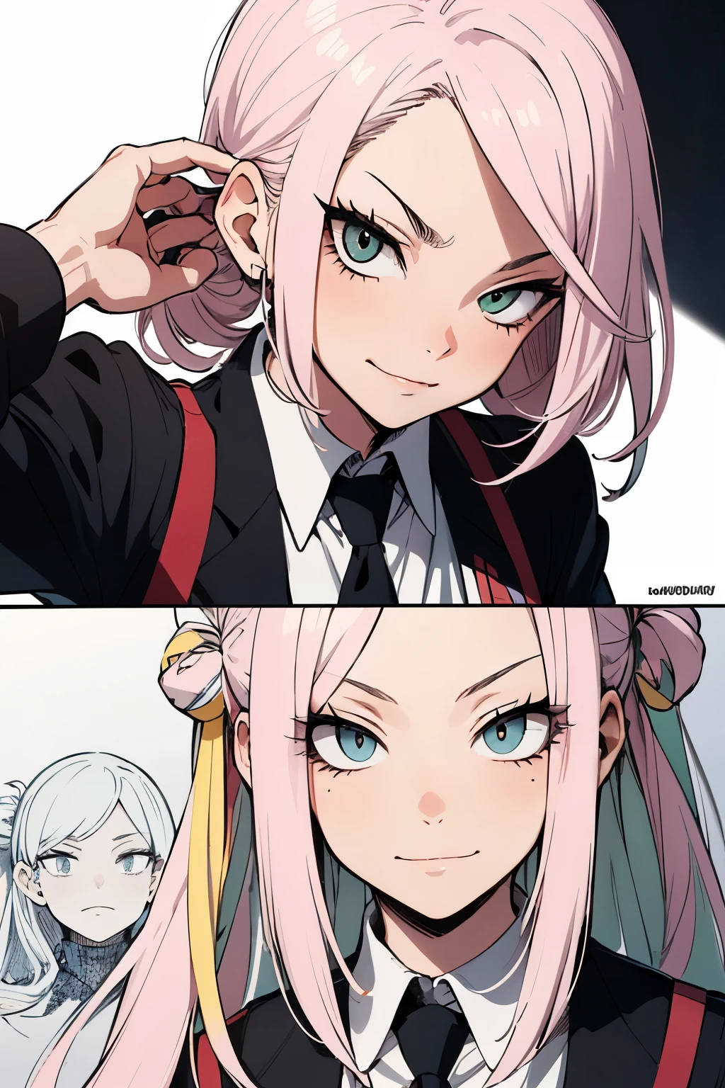 One of her eyes are snake-like yellow, a pale skin, with long, pastel pink hair. She wears a black school uniform, has a smirk (drawing in bnha style)