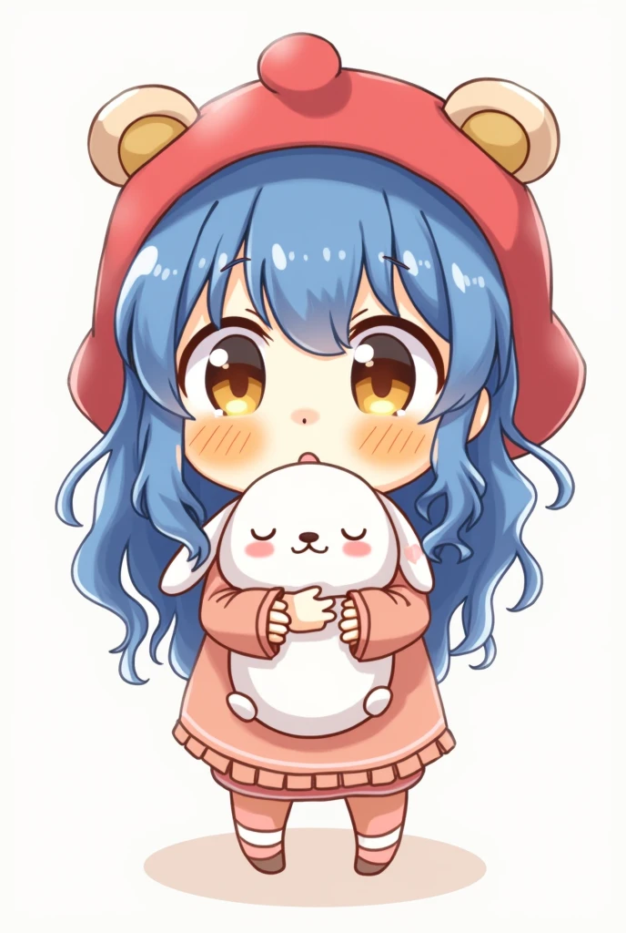 A chibi drawing of a girl with long, wavy blue hair, wearing a red bear hat. She has two fried eggs on her cheeks, cool and big eyes, full body, holding a rabbit doll.
