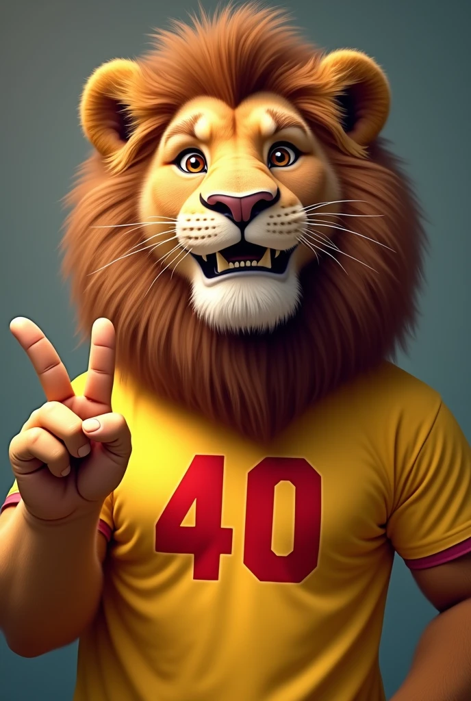 I want an image of a drawing that's semi-realistic, a lion from the waist up smiling, wearing a yellow shirt with the number 40 in red in the middle, making the letter V with the two fingers of the right hand