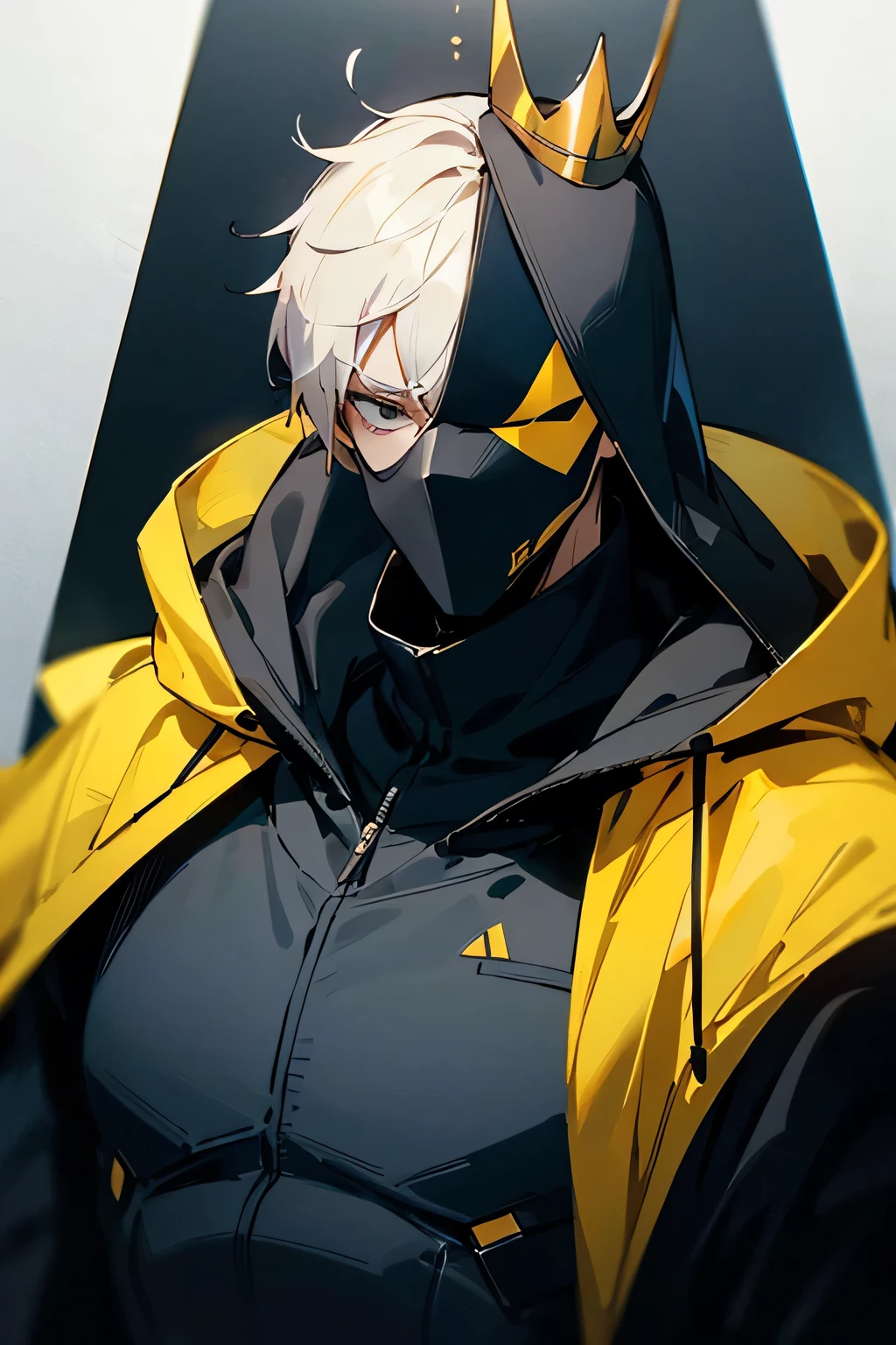 A hooded man with a black hood, his face obscured, wearing a crown on his head, a SWAT suit and a yellow cape on his back.