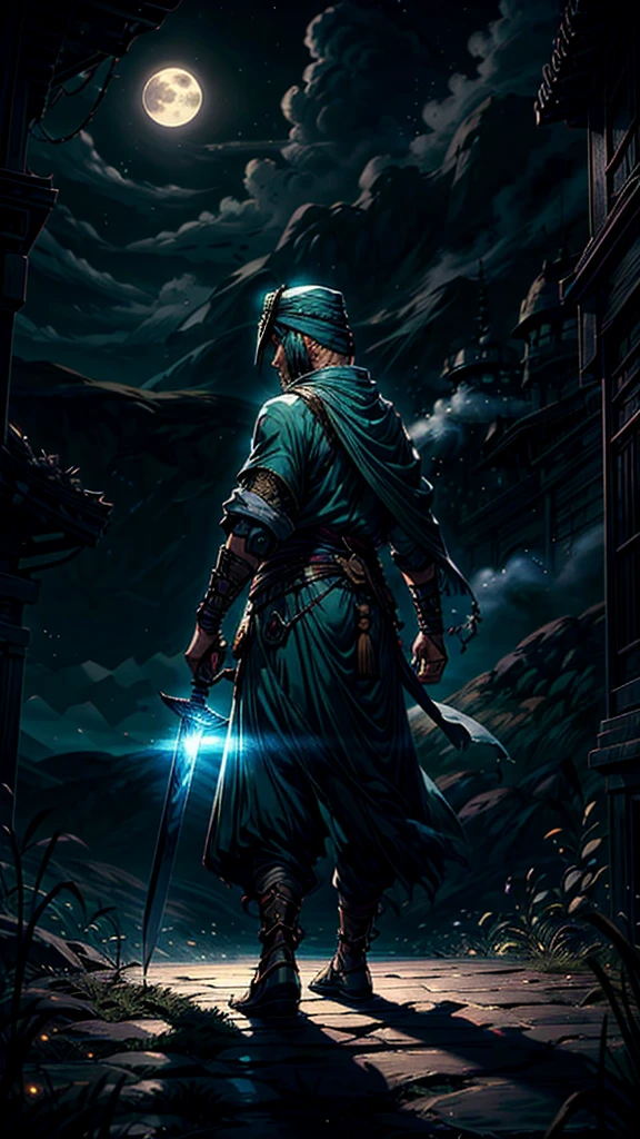 In green color islamic drees muscular warrior wearing a long turban on his head a long veil on head backside full body cover islamic clothes in full moon night 8k quality fantasy illustration in a dark night fantasy illustration with aura nightview
Here’s the revised prompt including the Zulfiqar sword:
"A highly detailed illustration of an Islamic warrior walking firmly into the distance, facing away from the audience under a full moon night. The warrior is adorned in traditional Islamic attire, including a cloak on his head and a long chadar flowing behind him. He carries the iconic ((Zulfiqar sword,)) which has a split tip, strapped to his back. The scene is set in a vast desert under the dark sky, with rolling white clouds and thick smoke drifting into the air. Eagles soar above as the moonlight casts noticeable shadows and light effects. The image has a vivid color scheme with a focus on dark, deep tones, enhanced by light particle effects. The overall style is akin to an ink painting with clear layers, depth of field, and ray tracing, emphasizing the nocturnal atmosphere. This 8k quality image is suitable for a wallpaper, capturing the mysterious journey through a moonlit landscape."