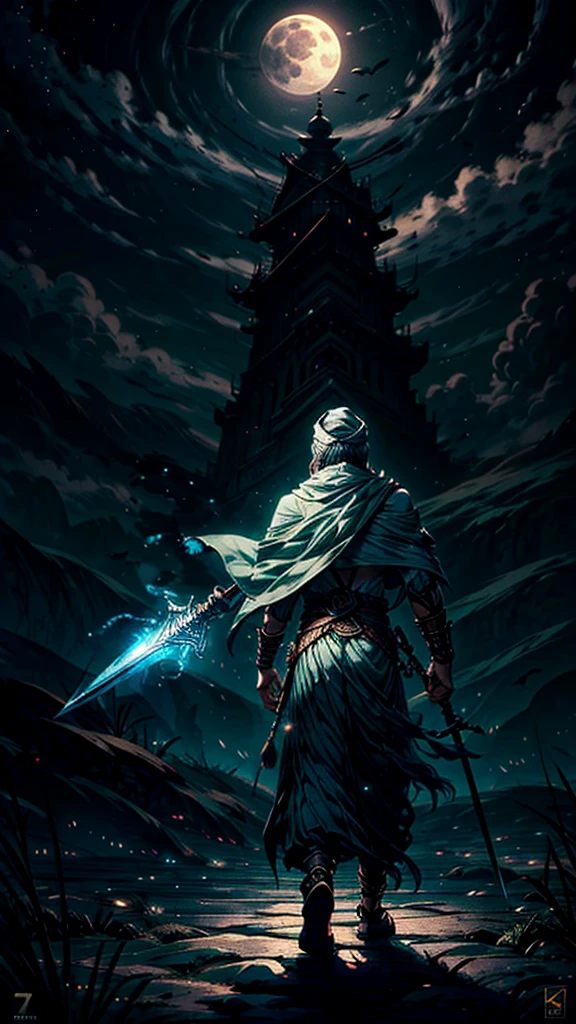 In green color islamic drees muscular warrior wearing a long turban on his head a long veil on head backside full body cover islamic clothes in full moon night 8k quality fantasy illustration in a dark night fantasy illustration with aura nightview
Here’s the revised prompt including the Zulfiqar sword:
"A highly detailed illustration of an Islamic warrior walking firmly into the distance, facing away from the audience under a full moon night. The warrior is adorned in traditional Islamic attire, including a cloak on his head and a long chadar flowing behind him. He carries the iconic ((Zulfiqar sword,)) which has a split tip, strapped to his back. The scene is set in a vast desert under the dark sky, with rolling white clouds and thick smoke drifting into the air. Eagles soar above as the moonlight casts noticeable shadows and light effects. The image has a vivid color scheme with a focus on dark, deep tones, enhanced by light particle effects. The overall style is akin to an ink painting with clear layers, depth of field, and ray tracing, emphasizing the nocturnal atmosphere. This 8k quality image is suitable for a wallpaper, capturing the mysterious journey through a moonlit landscape."