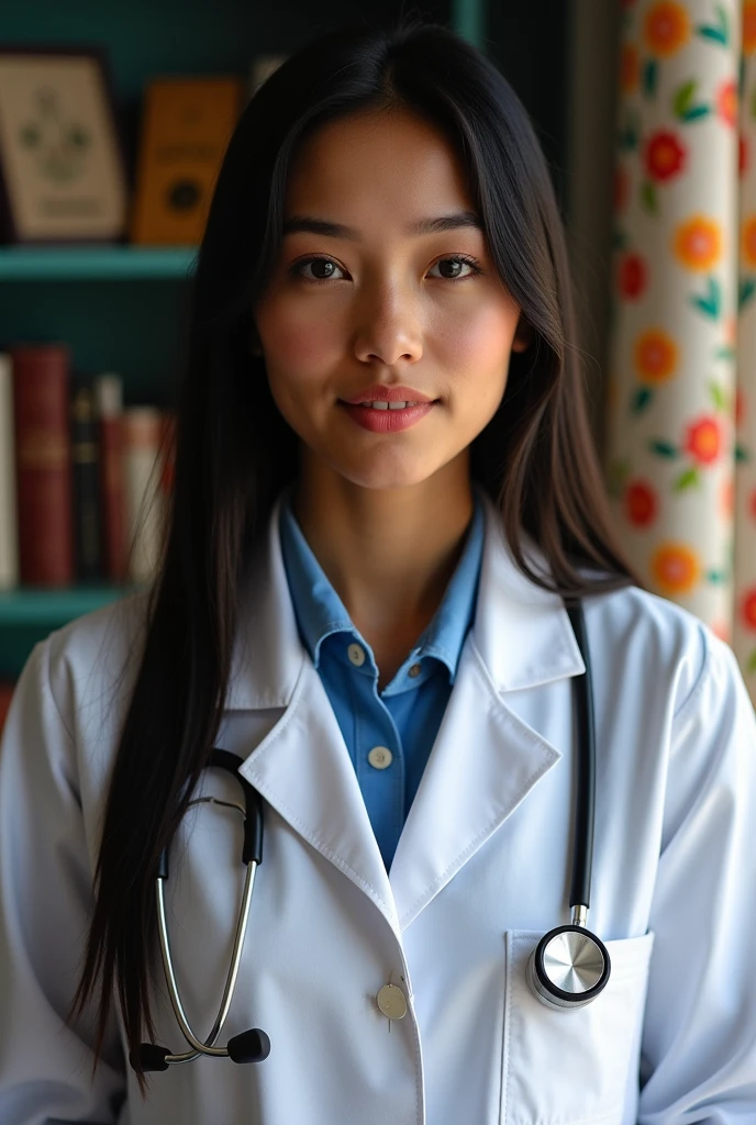 The image is a portrait style photograph showing a young woman with long straight black hair and a light to medium skin tone. She has a small piercing on her left nose and is wearing light pink lipstick. She is dressed as a doctor. The background includes a colorful patterned curtain on the right and a shelf with books and other items on the left. Of a Guatemalan nationality.
