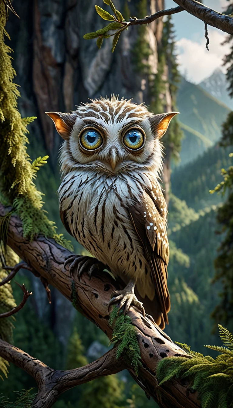 A creature with a human face, sporting two pairs of eyes, perched on a branch in the mountain forest.(best quality,4K,8k,High level,masterpiece:1.2),Ultra Detailed,(lifelike,Photo real,Photo real:1.37),Highly detailed animals,Complex patterns,Realistic lighting