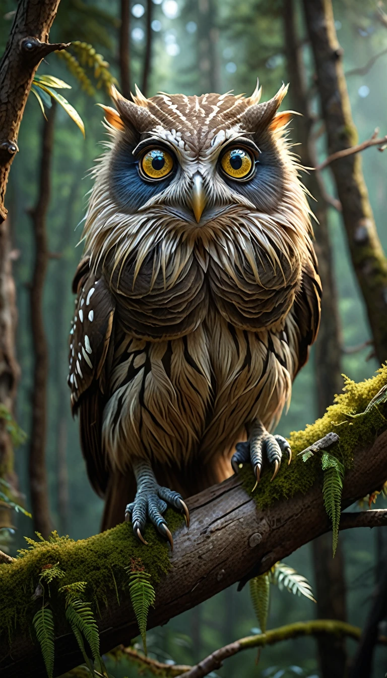 A creature with a human face, sporting two pairs of eyes, perched on a branch in the mountain forest.(best quality，4K，8k，High level，masterpiece：1.2），Ultra Detailed，（lifelike，Photo real，Photo real：1.37），Highly detailed animals，Complex patterns，Realistic lighting