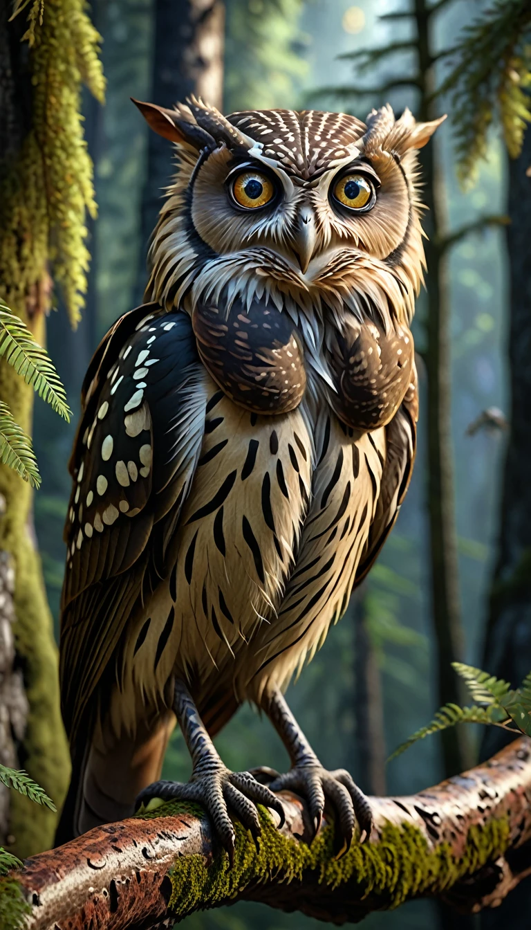 A creature with a human face, sporting two pairs of eyes, perched on a branch in the mountain forest.(best quality，4K，8k，High level，masterpiece：1.2），Ultra Detailed，（lifelike，Photo real，Photo real：1.37），Highly detailed animals，Complex patterns，Realistic lighting