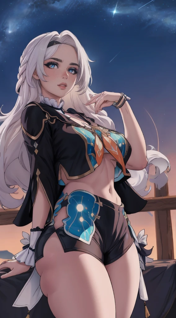  white hair shoulders, Blush bracelet Big breasts inside Big breasts blond Long hair Looking for another Looking at viewer Night sky outdoors, cut bright lips, olhos roxos sentados no sky estrelado (sky), black blouse, purple shorts sweat thick thighs beautiful copro thighs ultra-detailed,