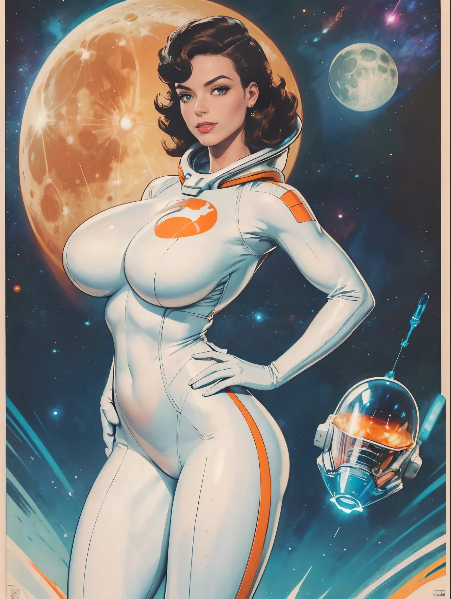 (masterpiece, top quality, best quality, official art, beautiful and aesthetic:1.2), (1girl:1.3), light freckles, fair skin, extremely detailed, portrait, looking at viewer, solo, (full body:0.6), detailed background, close up, (bright space pinup theme:1.1), busty 1950's pinup brunette space girl, charlatan, smiling, happy, mysterious, spacewalk, modest attire, white and orange space suit, spacesuit, helmet, bodysuit, ray gun, long boots, pouches, jetpack, glass helmet, rocket ship, ((((on the moon, space helmet, narrow hips, slim sexy body, gigantic breasts)))), slim waist, slim hips, long legs, futuristic (American flag, lunar surface, on the moon, moon exterior:1.1) background, dark mysterious lighting, shadows, magical atmosphere, dutch angle,