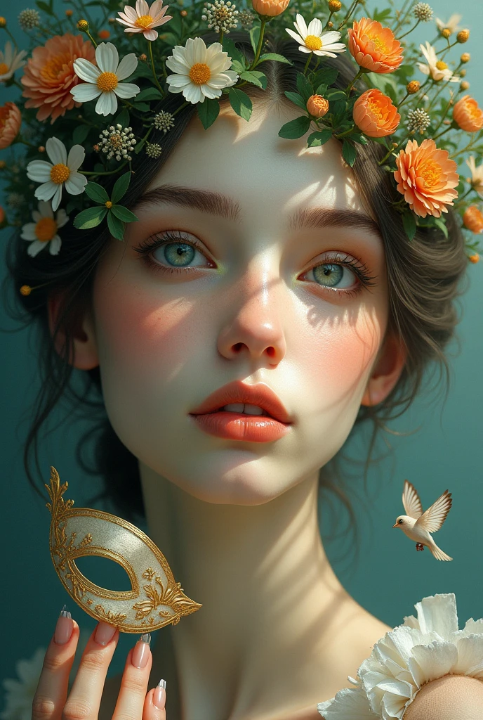 face of a beautiful woman with light eyes.  On Iris, there's a garden landscape with flowers and birds on her face. . her holding a mask

