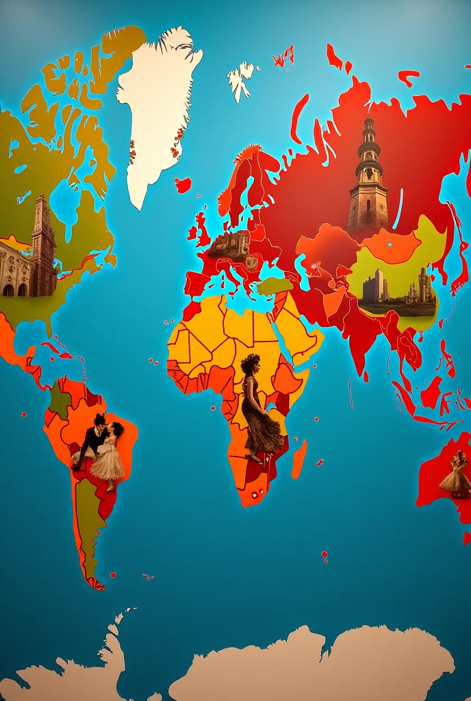 A world map with dancers dancing in different spots: This image visualizes the global presence of Latin dances, with dancers in iconic locations on each continent.


