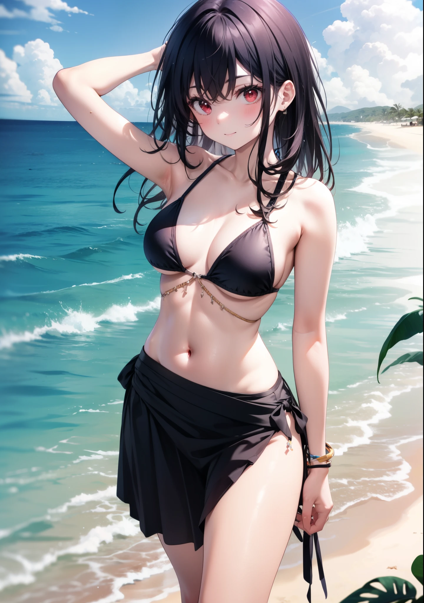 For profit, Next to Kasumigaoka, Black Hair, hair band, Long Hair, (Red eyes:1.5), smile,blush,Open your mouth,Black string bikini swimsuit,Belly button,abdomen,A thin long skirt is wrapped around her waist,barefoot,Sandy Beachを散歩している,Daytime,True Summer,Clear skies,whole bodyがイラストに入るように,
break looking at viewer,whole body, (Cowboy Shot:1. 5),
break outdoors, Sandy Beach,Beach,
break (masterpiece:1.2), Highest quality, High resolution, unity 8k wallpaper, (figure:0.8), (Beautiful attention to detail:1.6), Highly detailed face, Perfect lighting, Highly detailed CG, (Perfect hands, Perfect Anatomy),