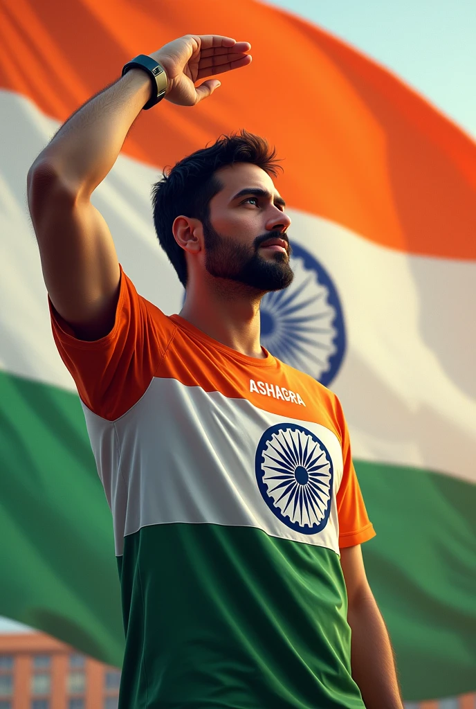 A guy saluting indiaan flag, who wearing t-shirt of indian flag pattern with the name of ASHAGRA 