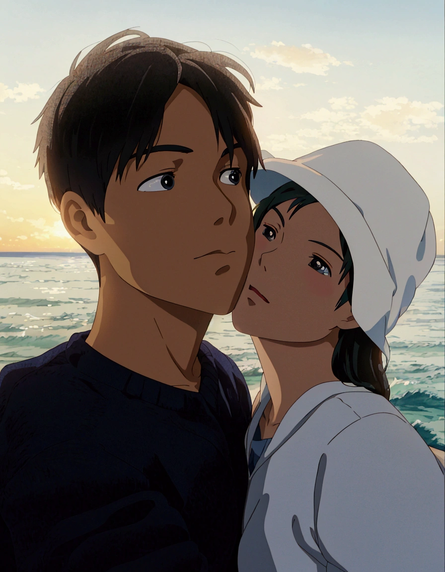 ghibli style, anime couple kissing on the beach with ocean in the background, sakimichan and makoto shinkai, guweiz and makoto shinkai, fiona staples and makoto shinkai, makoto shinkai and (cain kuga), ( ( makoto shinkai ) ), makoto shinkai and artgerm, artwork in the style of guweiz
