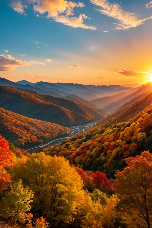 Mountain、autumn leaves、sunset