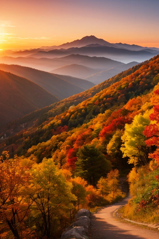 Mountain、autumn leaves、sunset