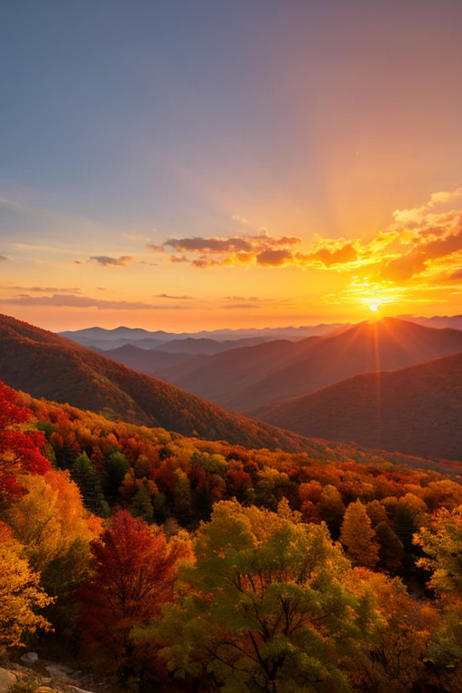 Mountain、autumn leaves、sunset