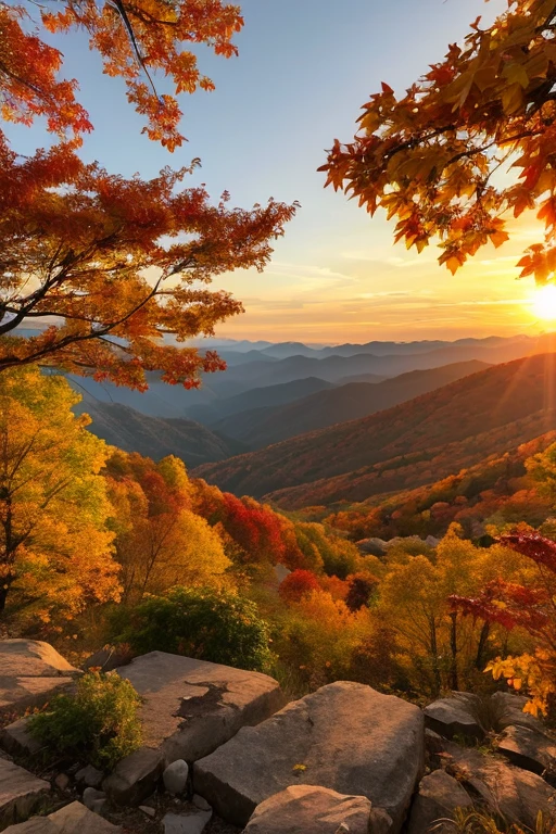 Mountain、autumn leaves、sunset