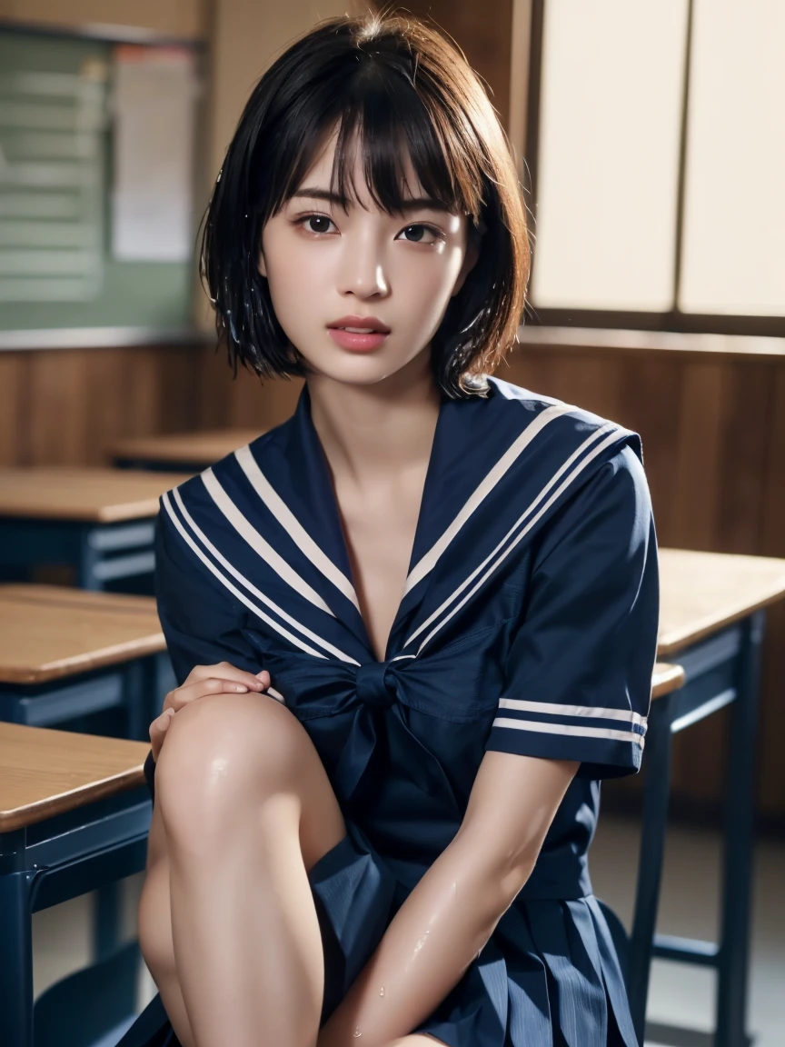 (masterpiece:1.2), Very detailed, Ultra-high resolution, (Realistic, photo Realistic:1.6), High-resolution RAW color photos, Professional photos, Sharp focus:1.2, (Very detailed顔と肌の質感, Very beautiful eyes, Glossのある肌, Glowing Skin, Glowing Skin, Shining Face, Gloss, Oily skin, greasy face, Oily skin, greasy face,),, (real Glossのある肌 texture), Perfect Anatomy, Very detailed背景,(High school classroom at night),25-year-old woman, Japanese women,Height: 168cm,(short hair, Straight hair, bangs, Brown Hair),((Flat Chest:1.6)),(Slender legs), ((((White short-sleeved sailor suit、Navy blue pleated skirt:1.5、Sexy bra in sailor suit:1.5)))、(Sit at a desk hugging your knees:1.4),(((Wet and transparent sailor uniform:1.4)))