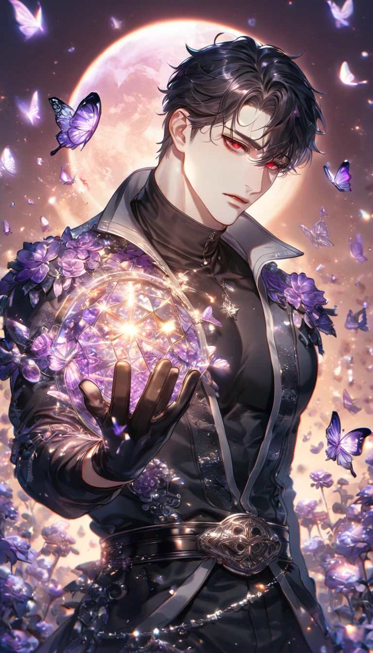 absurdres, highres, ultra detailed, HDR) master piece, best quality, extremely detailed, delicated features, Jaehwan, black hair that parts just above his left eye, expressive red eyes, The World After The Fall, solo, sexy man, handsome, sensual, black coat, black tight turtleneck shirt, toned, black gloves, belts, fantasy, magical, glittering, shining, purple flames, purple moon, purple flowers, purple butterflies