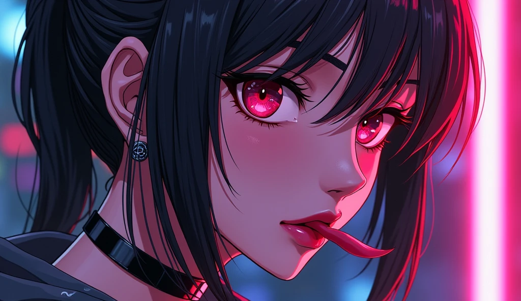 Cyberpunk anime manga with sexy adult female face, sexy hairstyles, sexy lips biting lip, hot sexy lips