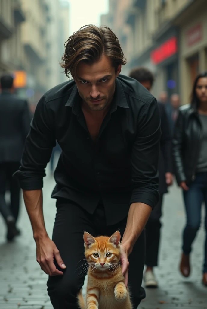 Ek creepy handsome man jisne black shirt and pent pehni h sadak kinare jha aas paas log aa jaa rhe h ginger kitten ko laat marte huye
