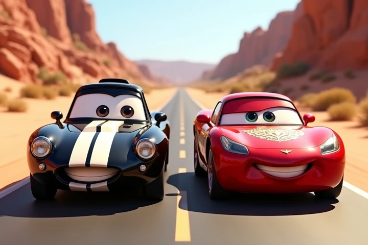 「Two animated cars、one with a glossy surface and large, expressive eyes、In a sleek black and white striped sports car with a confident grin、The other a red and white striped minivan with a warm, friendly smile、Drive side-by-side on a scenic sun-drenched desert road。the red car's metal surface reflects the soft sunlight, creating a sophisticated look、The tow truck contrasts with that cheerful attitude.、Around them, desert sand and rocky outcrops cast dancing shadows on the road」