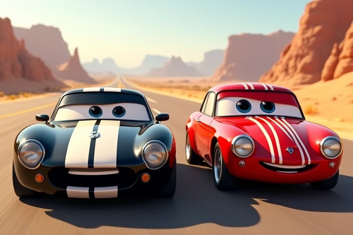 「Two animated cars、one with a glossy surface and large, expressive eyes、In a sleek black and white striped sports car with a confident grin、The other a red and white striped minivan with a warm, friendly smile、Drive side-by-side on a scenic sun-drenched desert road。the red car's metal surface reflects the soft sunlight, creating a sophisticated look、The tow truck contrasts with that cheerful attitude.、Around them, desert sand and rocky outcrops cast dancing shadows on the road」