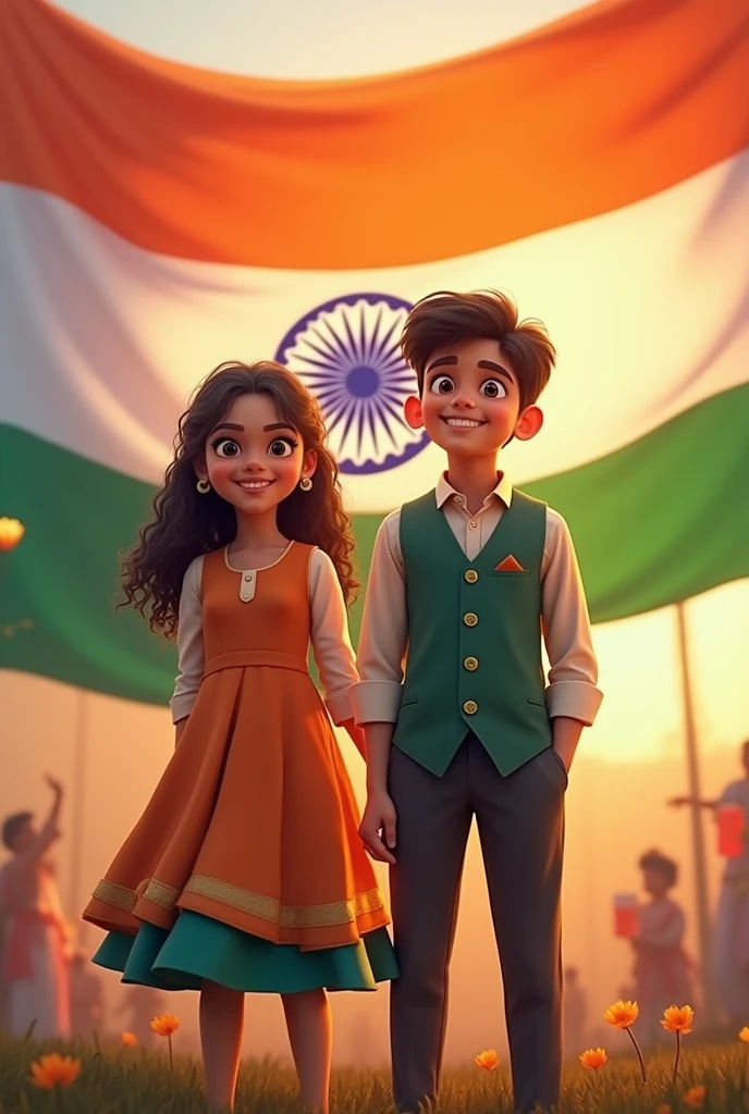     "Background indian flag"
One girl and boy "TAMANA "MISTER" Enjoying Independence Day" indian formal dress on side name "TAMANA " MISTER" 15 august 2024