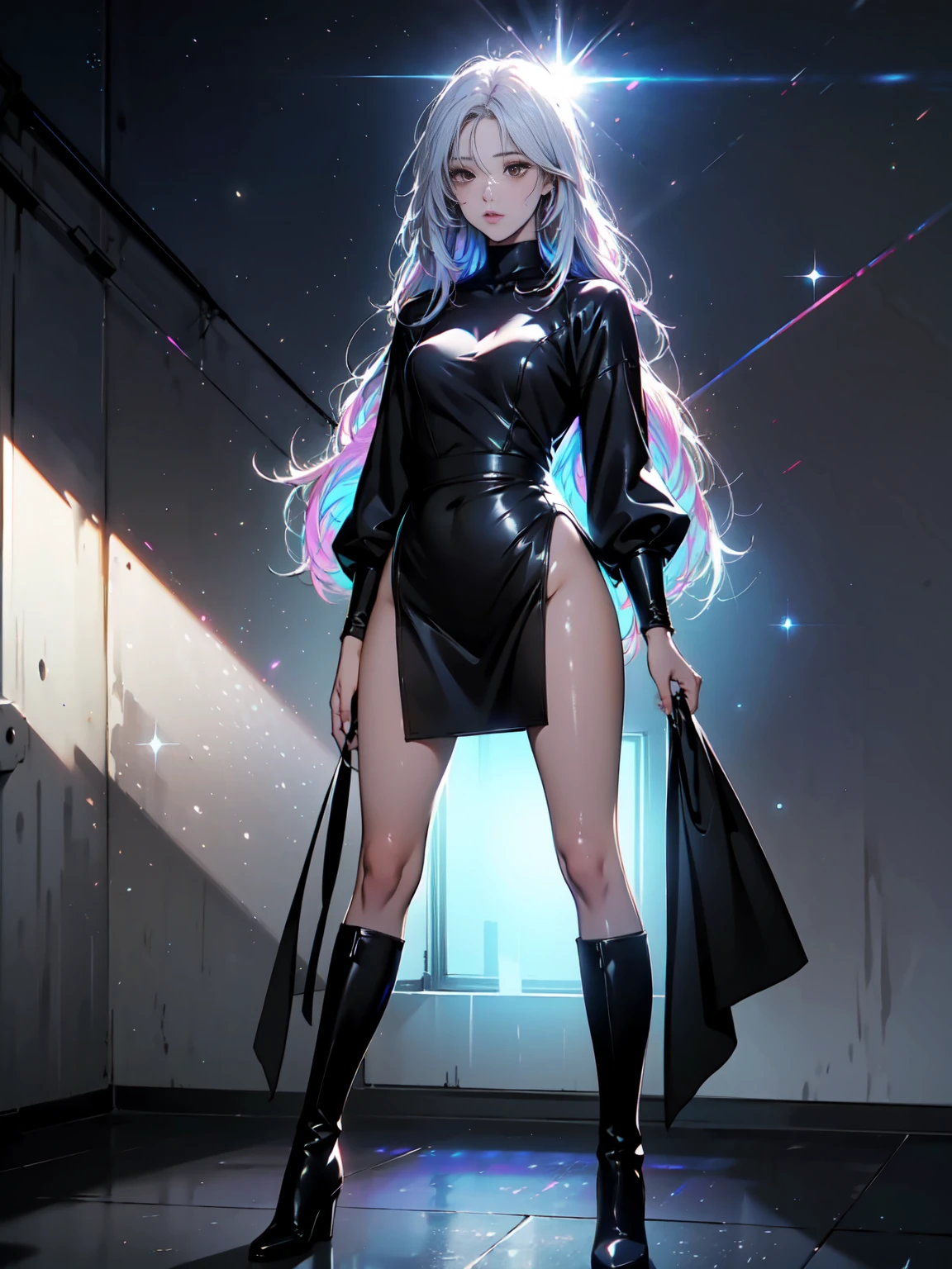 Girl with long white hair down to her waist, with small red details, red eyes, long black dress with a leg slit, with red details, long black boots up to below the knees, white skin, the ground around her is cracking and small stones are floating around her surrounded by a black aura, she is surrounded by shadows, and the background is dark like the night with the universe and stars, her presence causes fear, her shadow appears to be a monster, 8k, high quality, full body, (ultra-realistic), {extremely detailed 8k CG unit wallpaper}, expansive landscape photograph, (light: 2.0), (warm light source: 1.5), complex details, (iridescent colors: 1.5), (bright lighting), (atmospheric lighting), surreal, impressive, fantasy, (Solo: 1.2), White moon