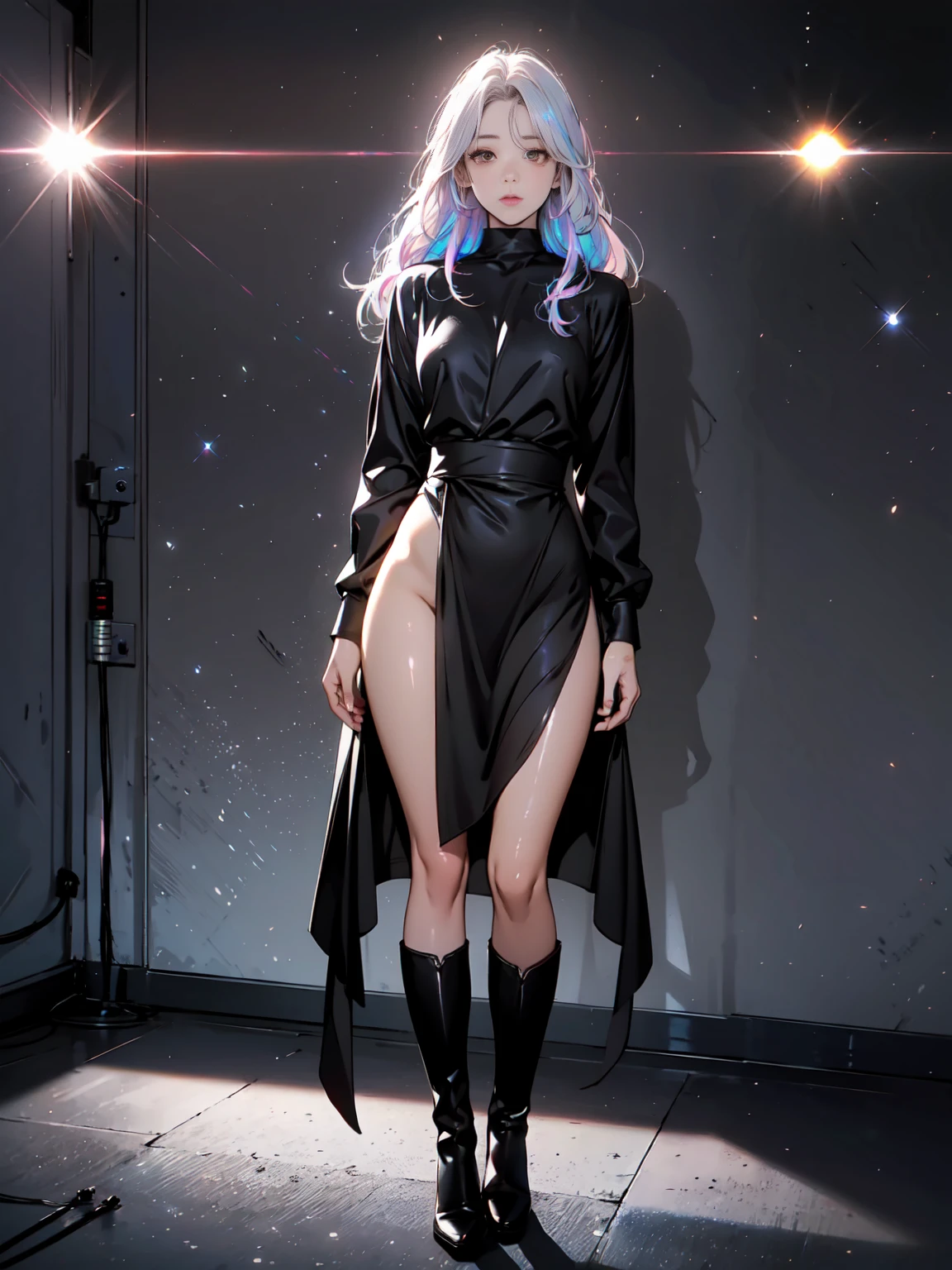 Girl with long white hair down to her waist, with small red details, red eyes, long black dress with a leg slit, with red details, long black boots up to below the knees, white skin, the ground around her is cracking and small stones are floating around her surrounded by a black aura, she is surrounded by shadows, and the background is dark like the night with the universe and stars, her presence causes fear, her shadow appears to be a monster, 8k, high quality, full body, (ultra-realistic), {extremely detailed 8k CG unit wallpaper}, expansive landscape photograph, (light: 2.0), (warm light source: 1.5), complex details, (iridescent colors: 1.5), (bright lighting), (atmospheric lighting), surreal, impressive, fantasy, (Solo: 1.2), White moon