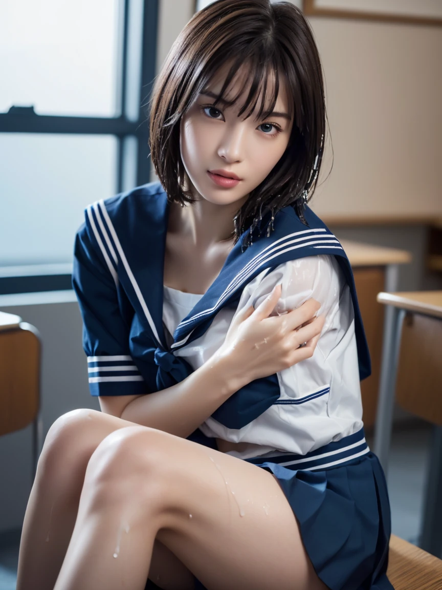 (masterpiece:1.2), Very detailed, Ultra-high resolution, (Realistic, photo Realistic:1.6), High-resolution RAW color photos, Professional photos, Sharp focus:1.2, (Very detailed顔と肌の質感, Very beautiful eyes, Glossのある肌, Glowing Skin, Glowing Skin, Shining Face, Gloss, Oily skin, greasy face, Oily skin, greasy face,),, (real Glossのある肌 texture), Perfect Anatomy, Very detailed背景,(High school classroom at night),25-year-old woman, Japanese women,Height: 168cm,(short hair, Straight hair, bangs, Brown Hair),((Flat Chest:1.6)),(Slender legs), ((((White short-sleeved sailor suit、Navy blue pleated skirt:1.5、Sexy bra in sailor suit:1.5)))、(Sit at a desk hugging your knees:1.4),(((Wet and transparent sailor uniform:1.5)))