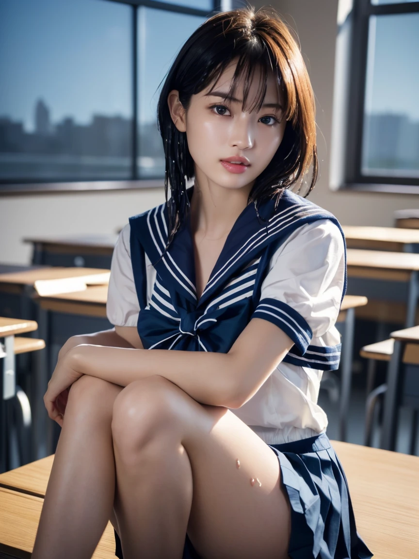 (masterpiece:1.2), Very detailed, Ultra-high resolution, (Realistic, photo Realistic:1.6), High-resolution RAW color photos, Professional photos, Sharp focus:1.2, (Very detailed顔と肌の質感, Very beautiful eyes, Glossのある肌, Glowing Skin, Glowing Skin, Shining Face, Gloss, Oily skin, greasy face, Oily skin, greasy face,),, (real Glossのある肌 texture), Perfect Anatomy, Very detailed背景,(High school classroom at night),25-year-old woman, Japanese women,Height: 168cm,(short hair, Straight hair, bangs, Brown Hair),((Flat Chest:1.6)),(Slender legs), ((((White short-sleeved sailor suit、Navy blue pleated skirt:1.5、Sexy bra in sailor suit:1.5)))、(Sit at a desk hugging your knees:1.4),(((Wet and transparent sailor uniform:1.5)))
