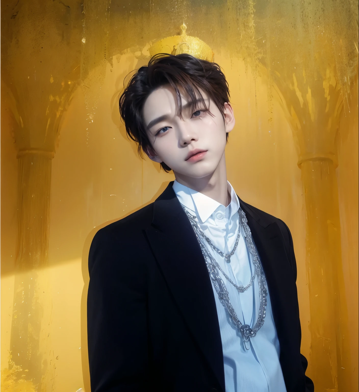 Hyunjun hur actor and kpop idol boy more realism in hair and clothes. orange hair Hyunjun, the actor and K-pop idol, embodies a unique sense of realism with his orange hair. He exudes princely charm with a crown atop his head, dressed regally in princely attire. His sharp features add to the intriguing mix, enhanced by the vibrant hue of his hair. Against the backdrop of a majestic castle, Hyunjun's aura is complete, a perfect blend of royalty and modern flair, captivating all who lay eyes on him.