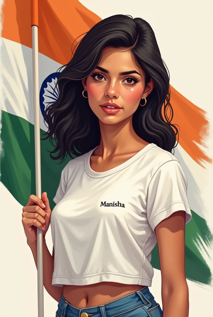 A 18 years old girl named MANISHA holding indian flag, she is wearing tshirt with her name