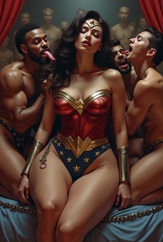 I am a Wonder Woman sitting on the bed,whole body、thick legs、round ass、The perfect Wonder Woman outfit,Men lick my face with their tongues,The guys lick my head with their tongues,Men lick my hair with their tongues,My body is licked by men,sleeping face, Close ~ eyes,Open your mouth,Huge breasts, mature women, Cover your breasts with clothes ),on the bed,background:bedroom,naked blackman,Strong black man,naked man。Tight transparent underwear,long white evening skirt,Camel toe,High heel,on the stage(background:Male audience,Male audience),Well-proportioned body,Thin legs,open mouth,Handcuffs,BDSM,chains,dog-chains
