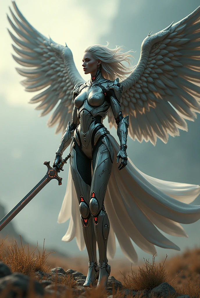 archangel michael,fainal war effect,REAL - style image of a woman with a sword in a field, cyberpunk art inspired by Leng Mei, cgsociety contest winner, fantasy art, beautiful cyborg angel girl, angel knight girl, as a mystical valkyrie, battle angel, angel in plastic armor, mechanized valkyrie girl, unreal engine 4k wallpaper, wraith from apex legends, epic angel wings