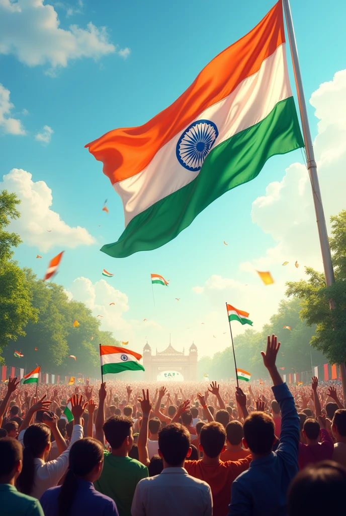 India’s flag in the sky in late size and thousands of the people cheering for Independence Day . Whole nature is celebrating