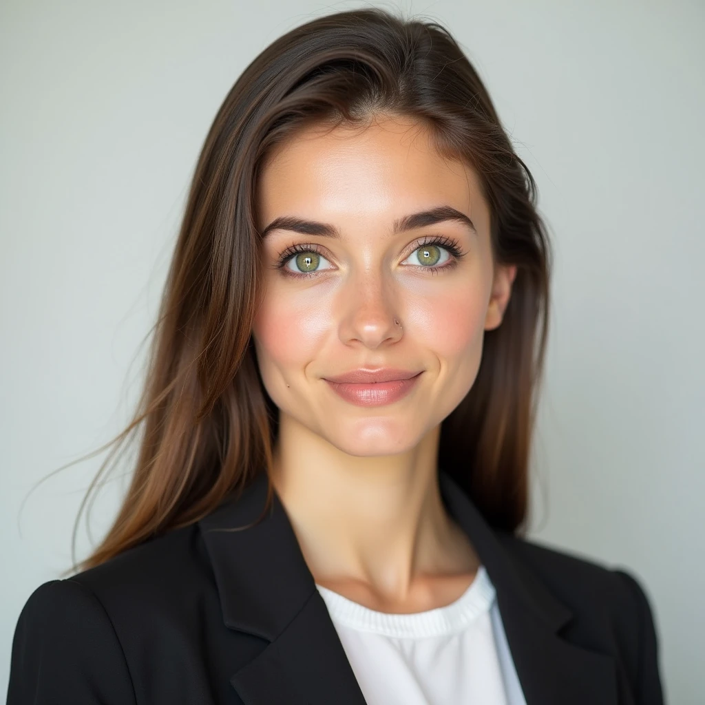 A 19 or 20-year-old woman with green eyes brown hair and a smooth complexion facing forward with a neutral expression her shoulders squared and background a plain light color her hair neatly styled and her attire simple and formal a clean and professional appearance with no accessories or visible distractions