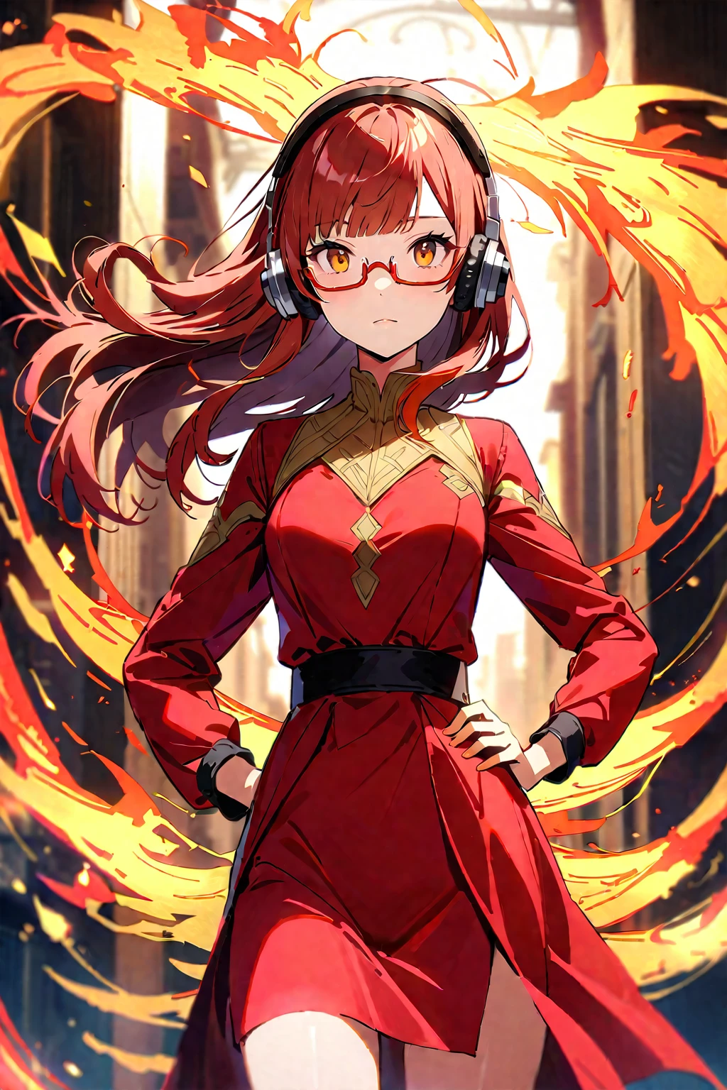 (extremely detailed fine touch:1.3), (((semi-rimless eyewear:1.3))), (wear headphones around), red long hair, blunt bangs, beautiful girl, solo, cowboy shot, hands on hips, (phoenix:1.3), red elegant One-piece dress, Wind, Fire line,