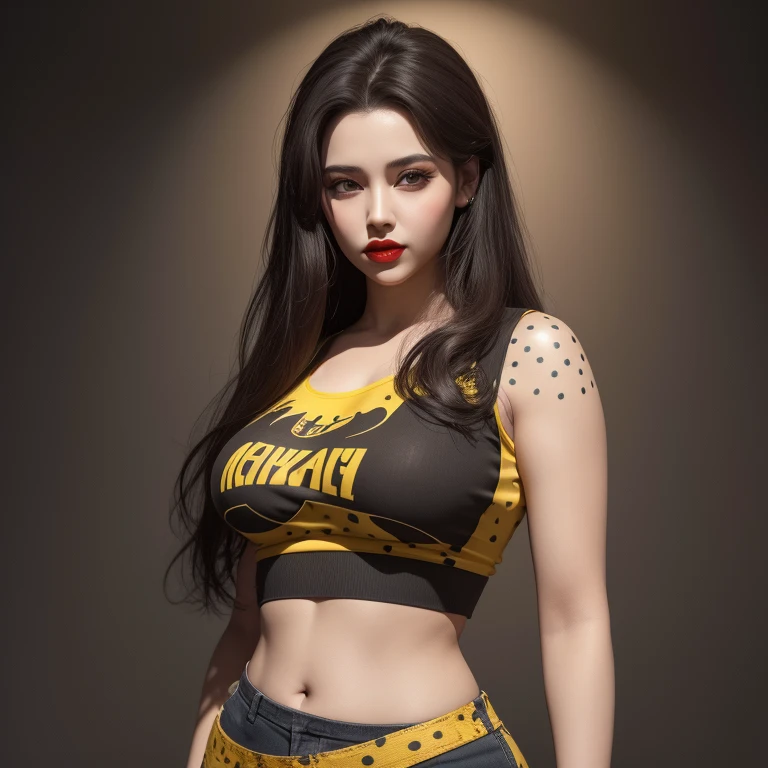 High face quality, high red lips quality, high gray eyes quality, woman with very long dark brown hair, wearing yellow high waisted crop top with black spots and short t-shirt clothes,big breasts, curvy body, cinematic lighting , perfect face ,3d , fantasy, artstation, illustration , flowers tattoos